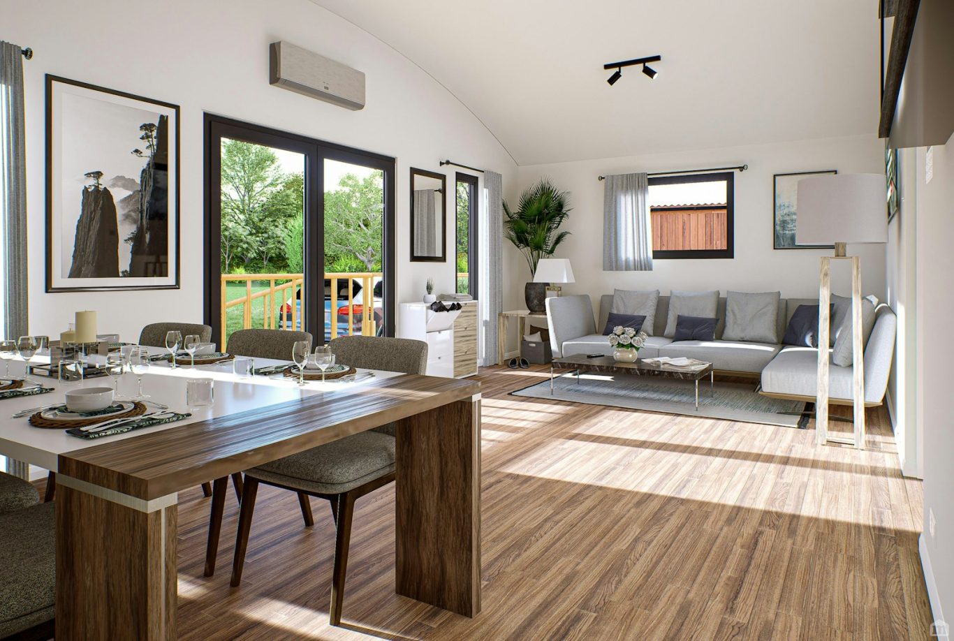 Modern living room and dining area with wooden furniture, natural light, and greenery outside.